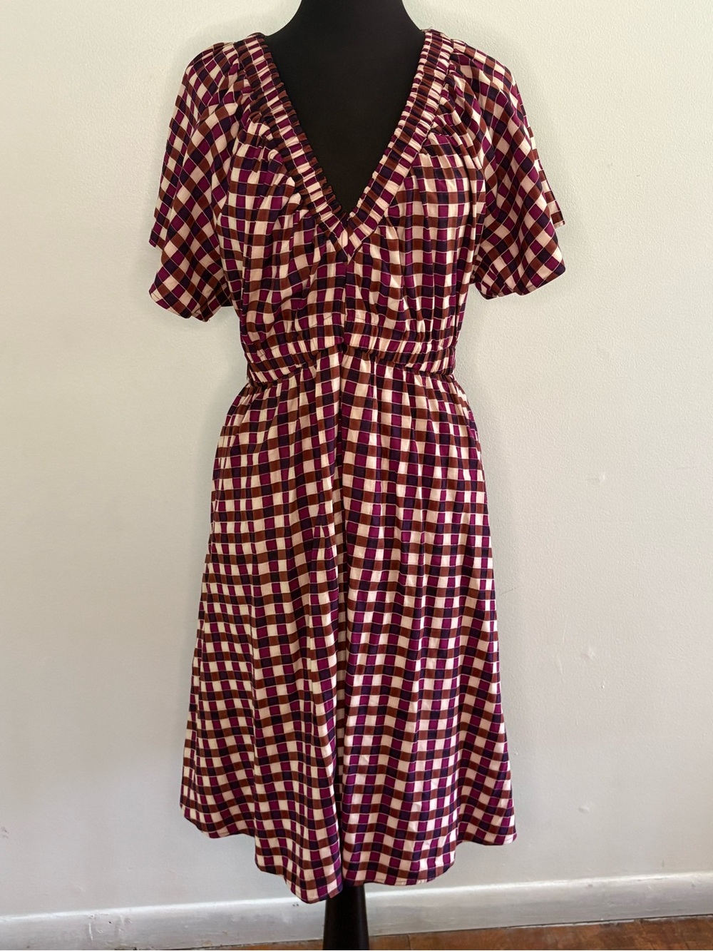 Ava & Viv Burgundy and Cream Check V-Neck Midi Dress 1X